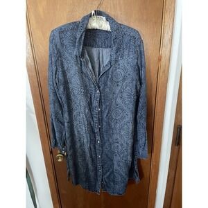 Anthropologie Cloth & Stone Denim Print Shirt Dress Pockets Attached Belt Size L